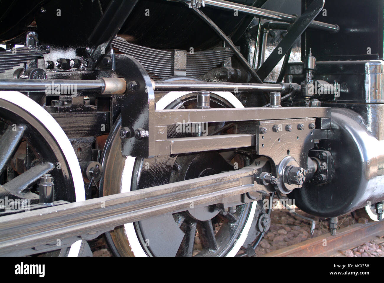 Nahaufnahme von Fahrwerk der alten Eisenbahn-Dampfmaschine in Flagstaff Arizona USA Amerika USA Stockfoto