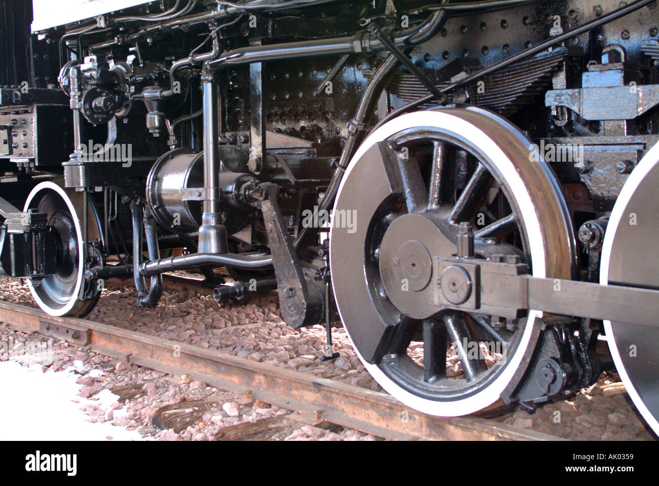 Nahaufnahme von Fahrwerk der alten Eisenbahn-Dampfmaschine in Flagstaff Arizona USA Amerika USA Stockfoto