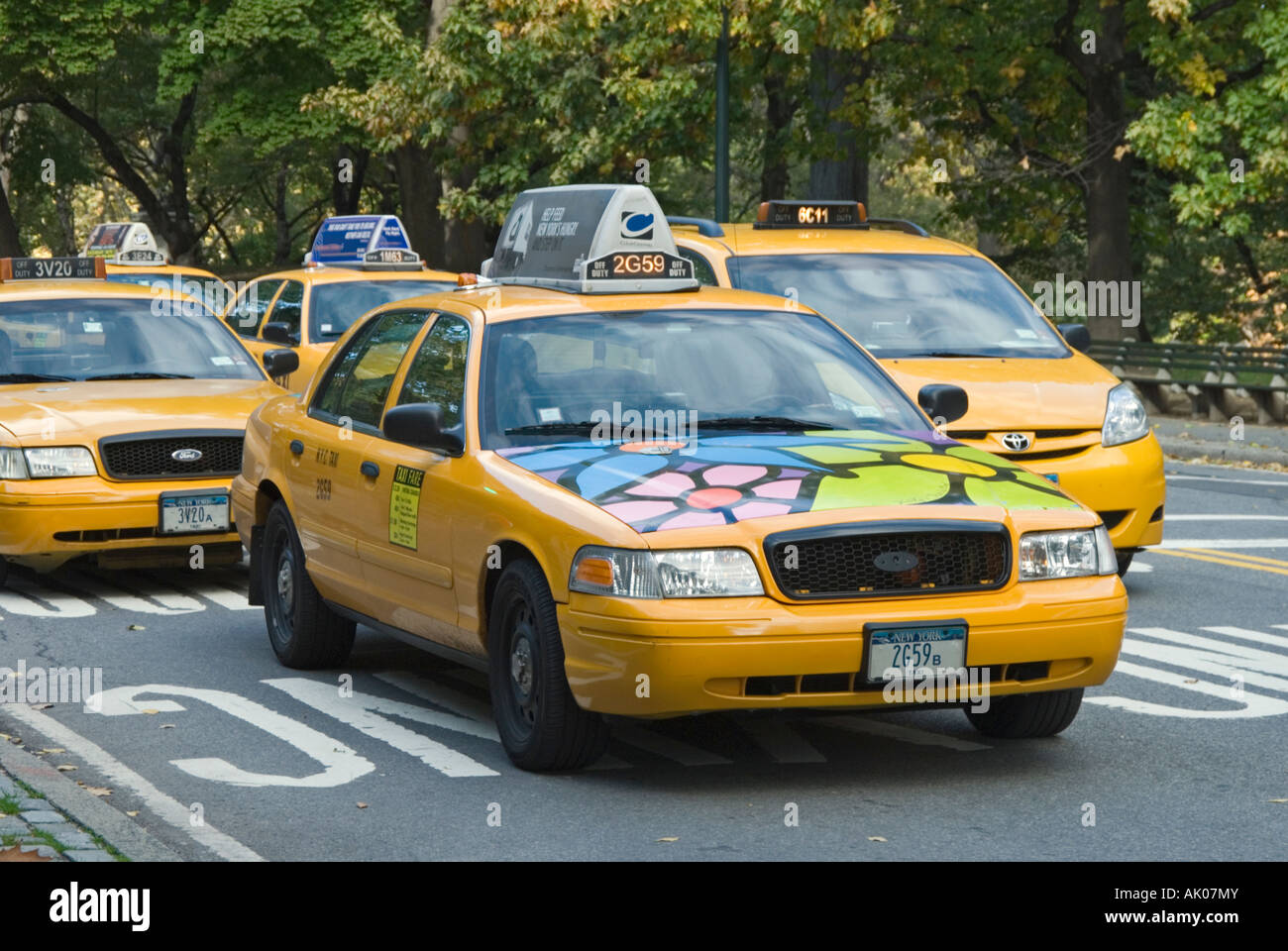 New York City Taxi Cab mit gemalten Blumen, Bestandteil einer öffentlichen Kunstprojekt "Garten auf der Durchreise" Stockfoto