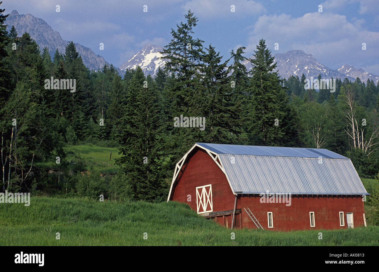 Rote Scheune in den Rocky Mountains in British Columbia Kanada Stockfoto