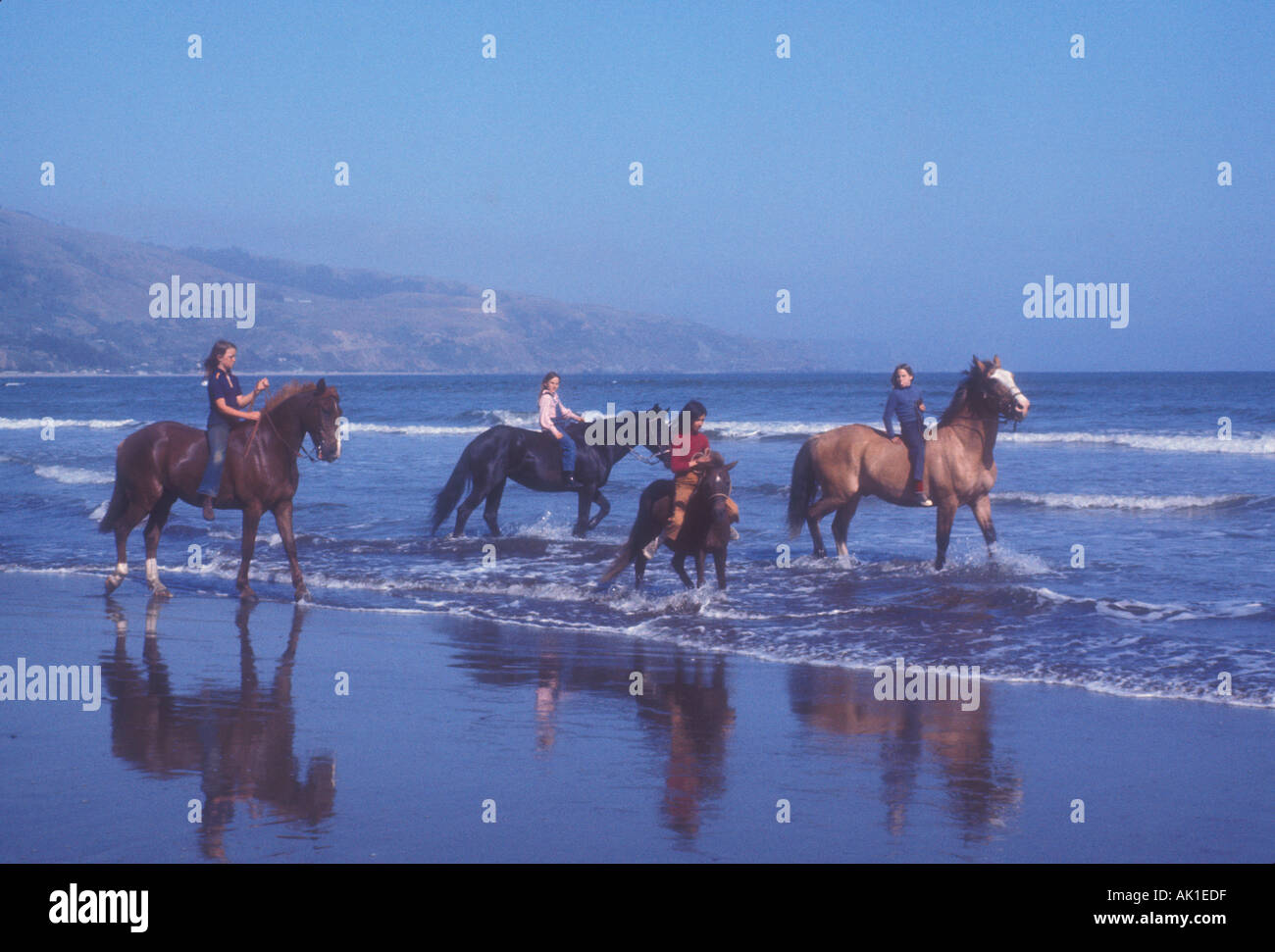 vier Jugendliche Reiten Reiten in Brandung auf California beach Stockfoto