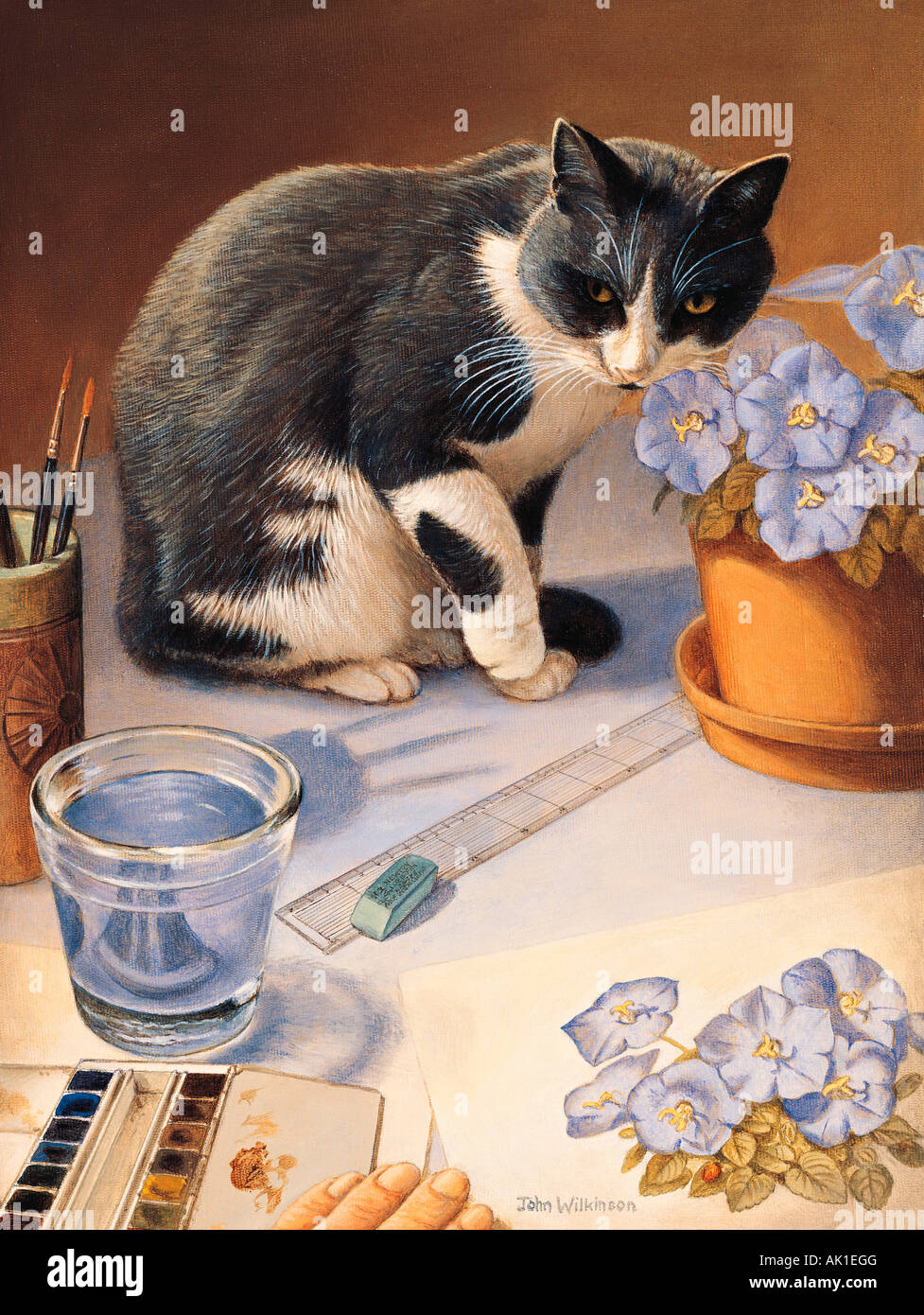 Illustration der domestizierte Katze auf Künstlers Tisch. Stockfoto