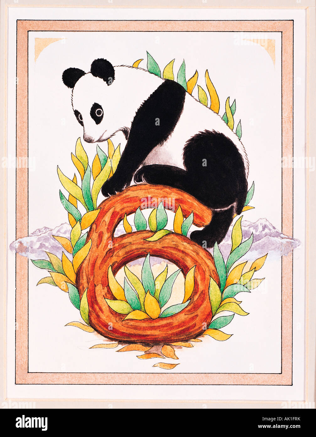 Illustration der Riesenpanda Geburtstagskarte Alter 6. Stockfoto