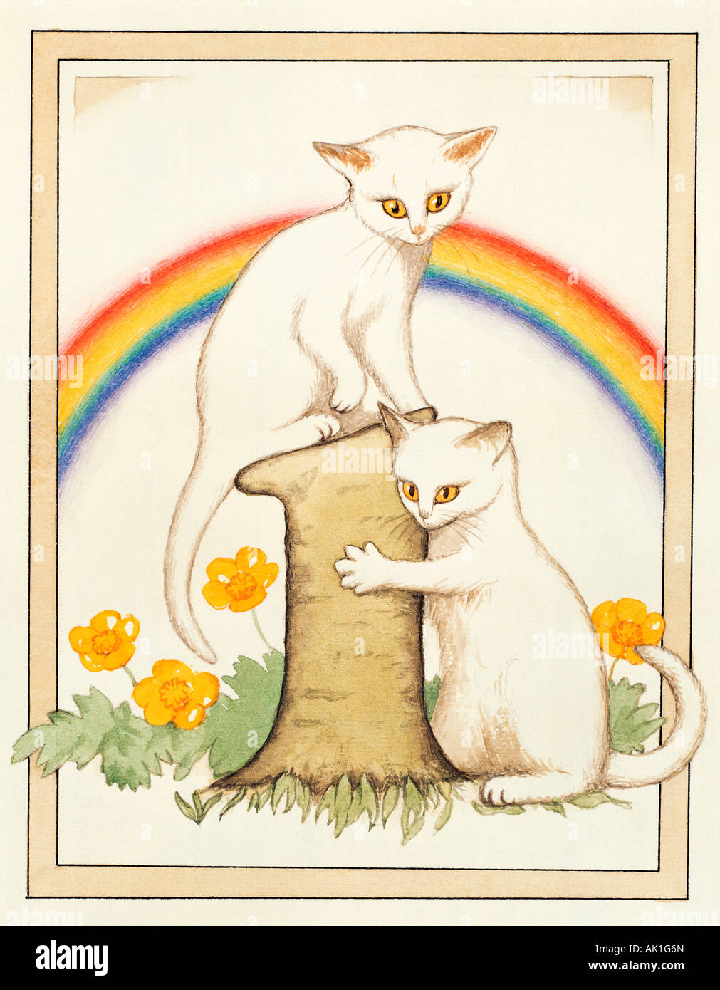 Abbildung Geburtstagskarte Age 1 mit zwei weißen Kätzchen und Regenbogen. Stockfoto