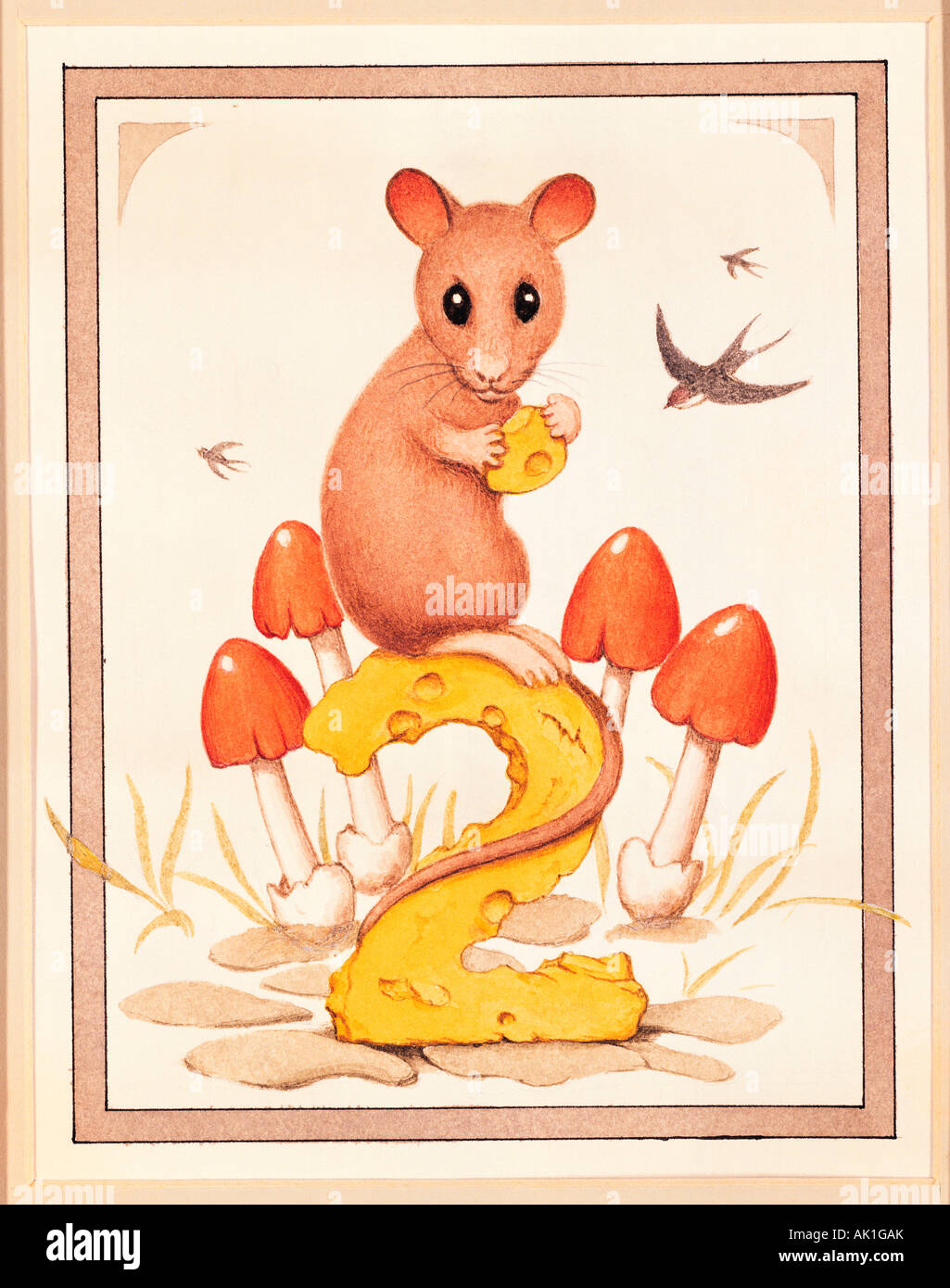 Abbildung: Geburtstagskarte. Alter 2 mit Maus mit Käse. Stockfoto