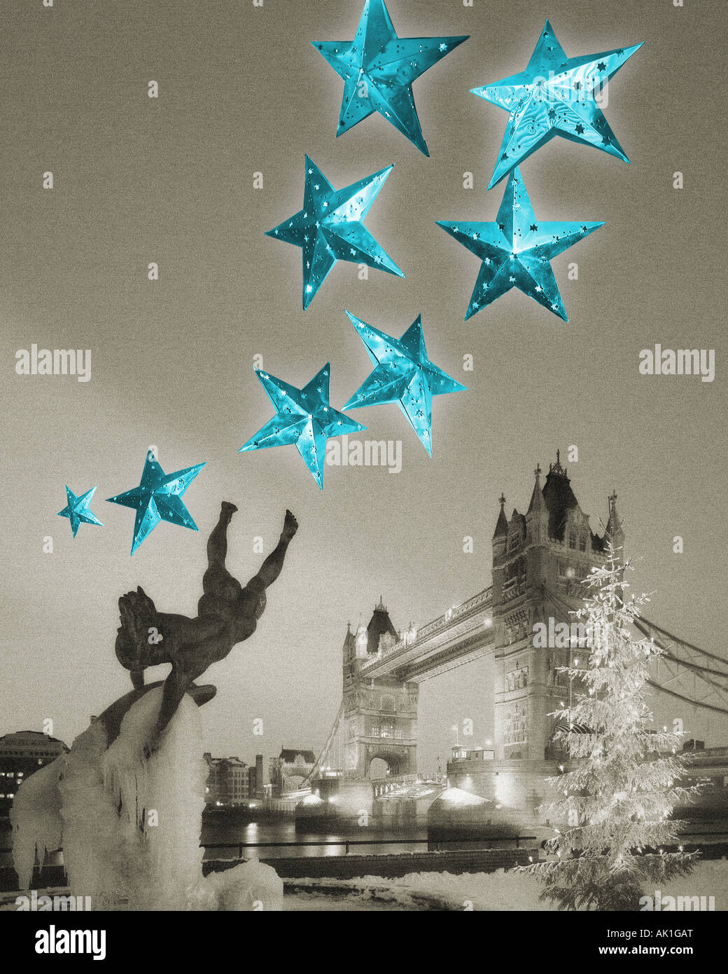 GB - LONDON: Weihnachten Konzept zeigt die Tower Bridge und Delphinbrunnen Stockfoto