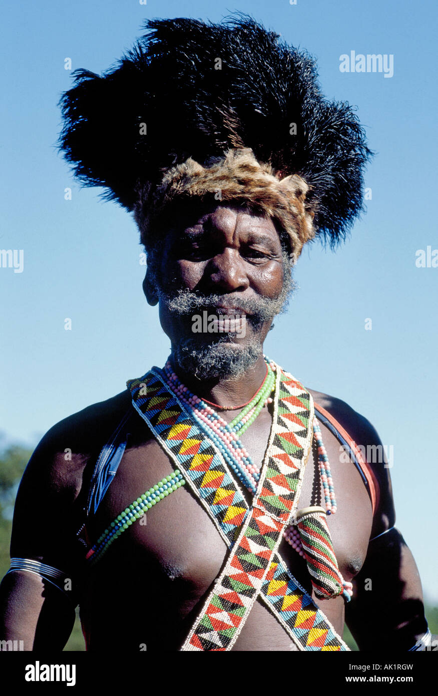Porträt von einem Zulu-Häuptling gekleidet in traditioneller Kleidung in Zululand Südafrika Stockfoto