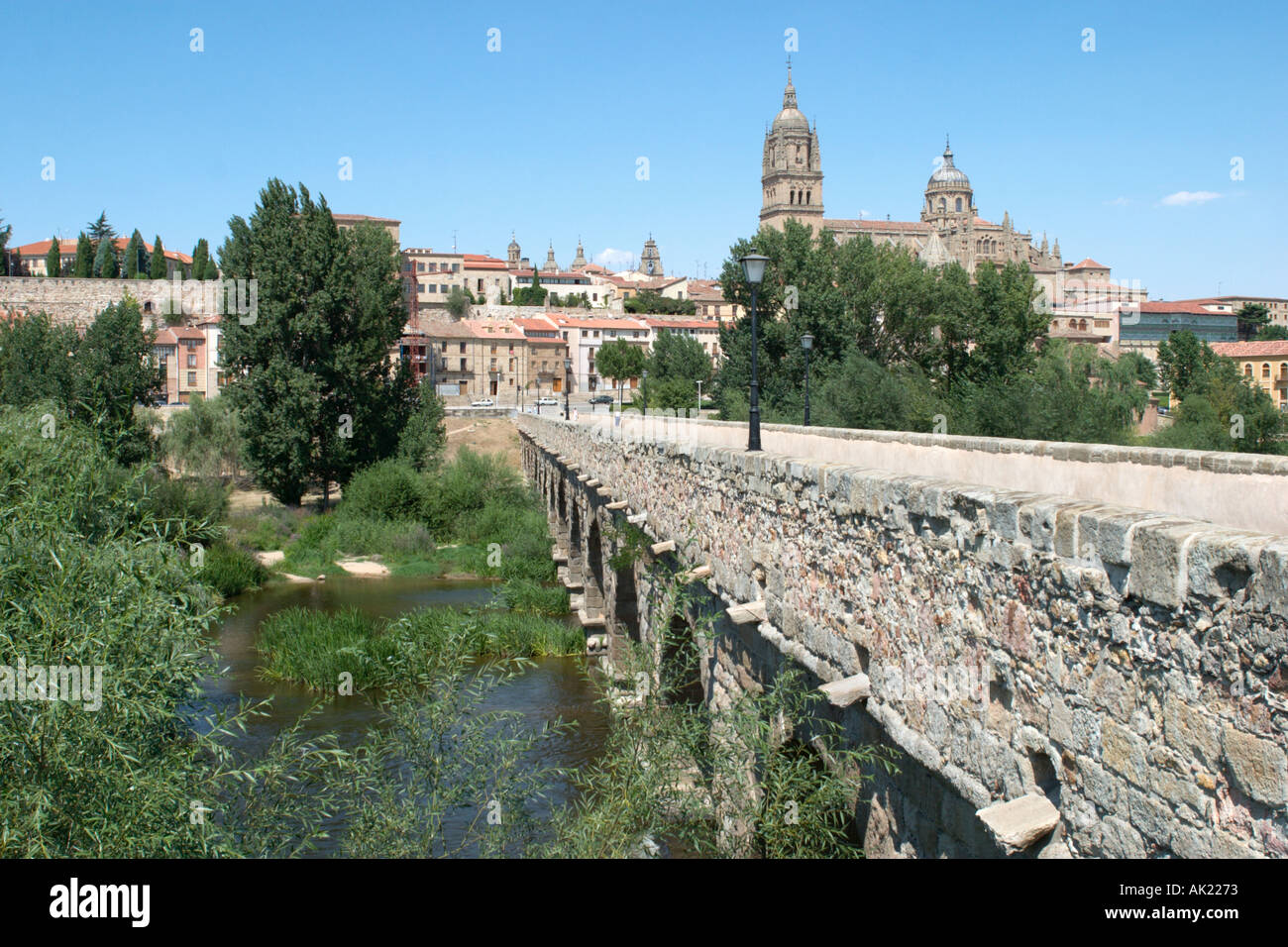 Puente Romano (römische Brücke) über den Fluss Tormes mit der Kathedrale hinter, Salamanca, Kastilien-León, Spanien Stockfoto