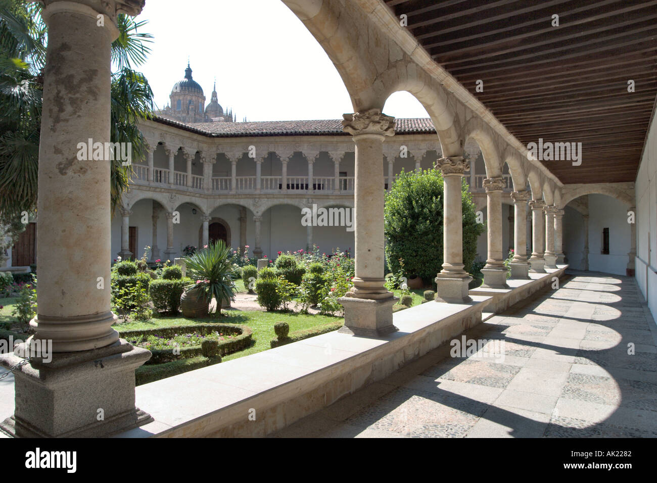 Blick auf den Dom durch den Kreuzgang im Convento de Las Dueñas, Salamanca, Castilla y Leon, Spanien Stockfoto