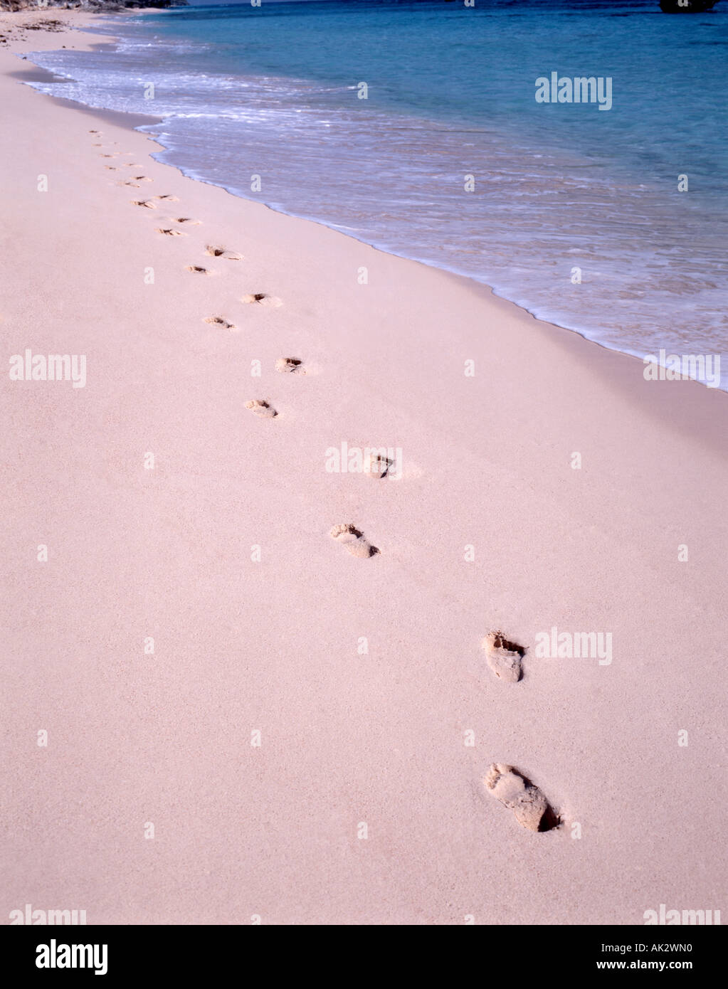 Fußabdrücke im Sand am Wasserrand, Warwick Long Bay, Warwick, Bermuda Stockfoto