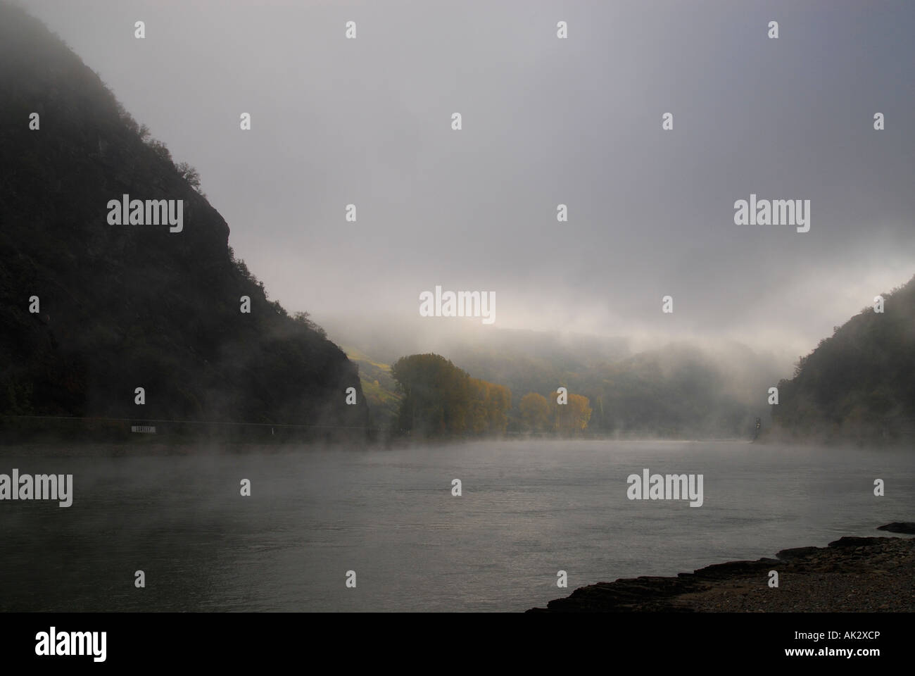 Legendäre Loreley-Felsen im Nebel, Rheintal, Deutschland Stockfoto