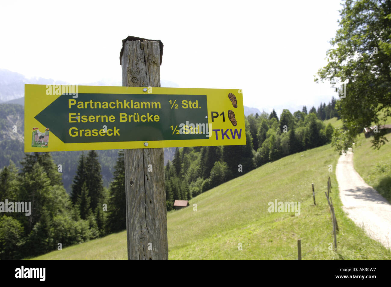 Weg Weg Feld grünen sonnigen Sommer Partnachklamm Eiserne Brücke Graseck Trail Zeichen Wegweiser grün gelb Natur natürlichen ländlichen Stockfoto