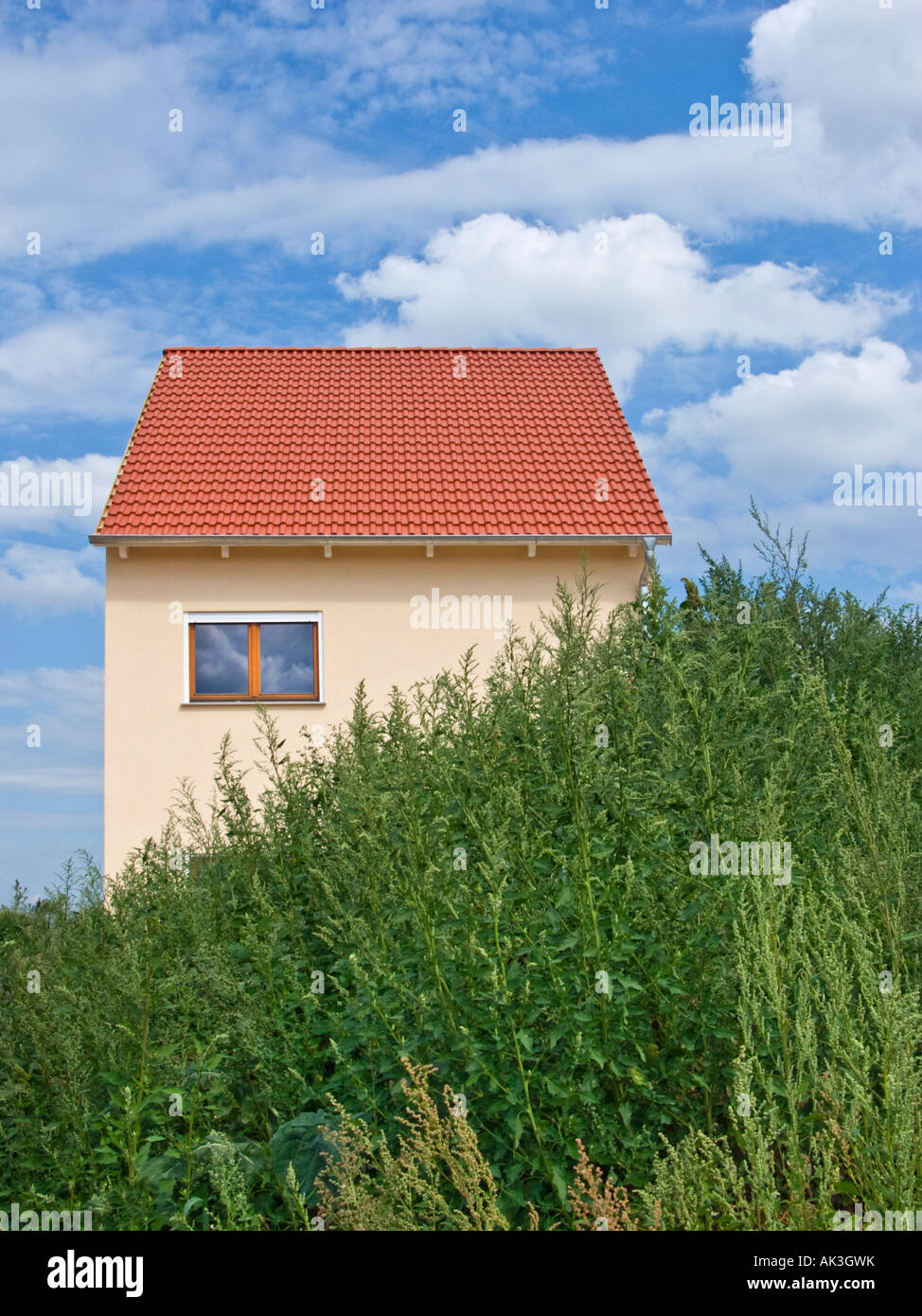 Dachstuhl Einfamilienhaus Balkenwerk Bau Website Ziegel Wand Zement kleine Betongebäude neue Heimat Investitionen symbol Stockfoto
