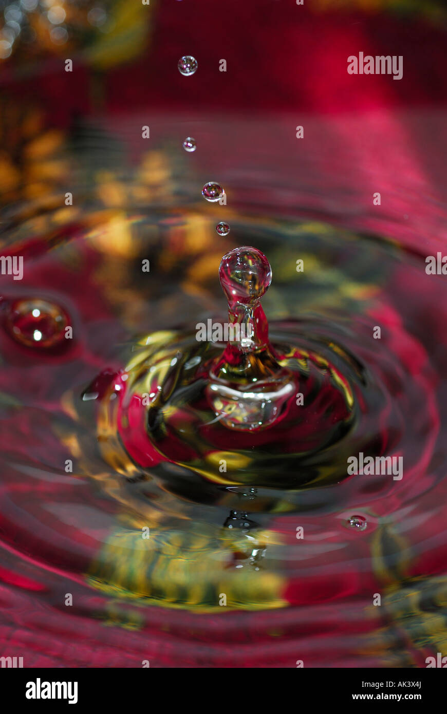 Nahaufnahme von Drop Wasserplätschern oben auf rotem Grund Stockfoto