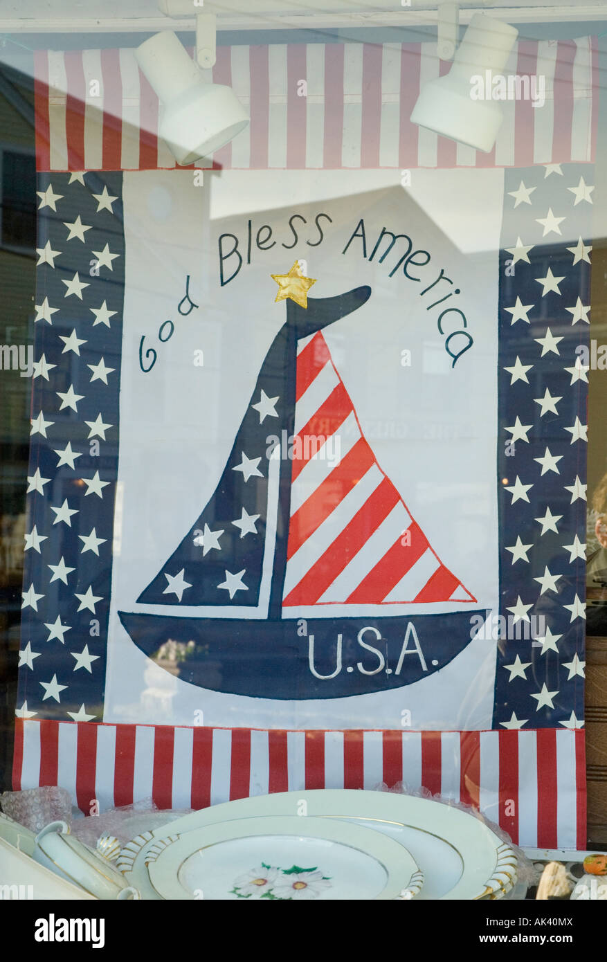 Hausgemachte patriotischen Banner sagt Gott segne Amerika Rockport Massachusetts New England Nordamerika USA Stockfoto