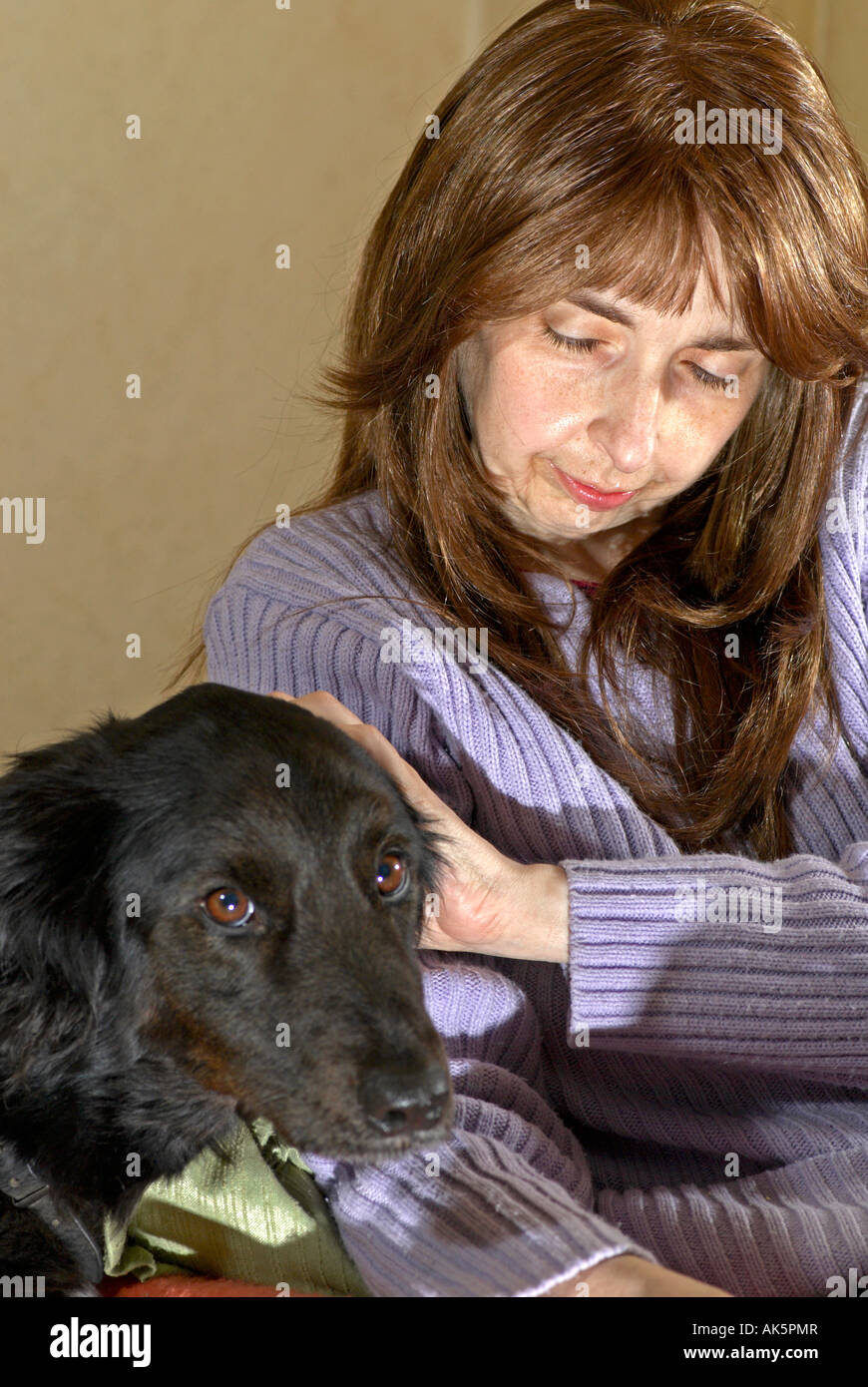 Perücke (Folge von Krebs und Chemotherapie) tragen Dame blickte auf ihren  Hund, ganz schüchtern sucht Stockfotografie - Alamy