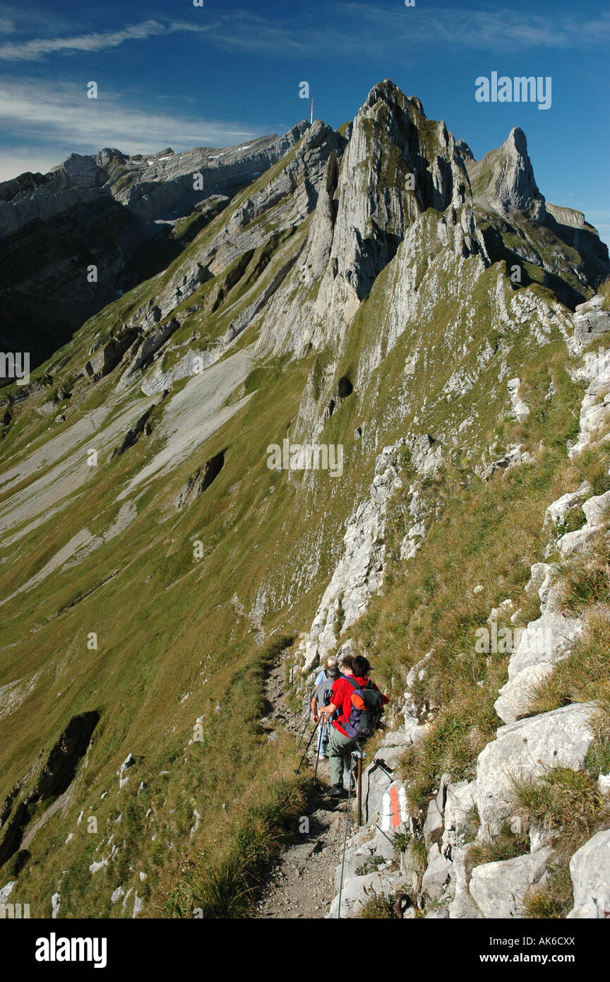 Wanderer auf Berg Säntis auf Schaefler Kanton Appenzell Schweiz Stockfoto
