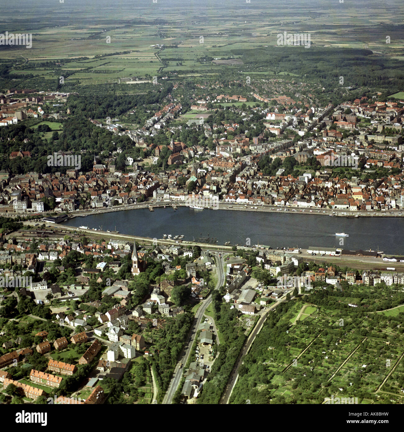 Blick auf die Stadt und der Flensburger Foerde mit Hafen, Deutschland, Schleswig-Holstein, Flensburg Stockfoto