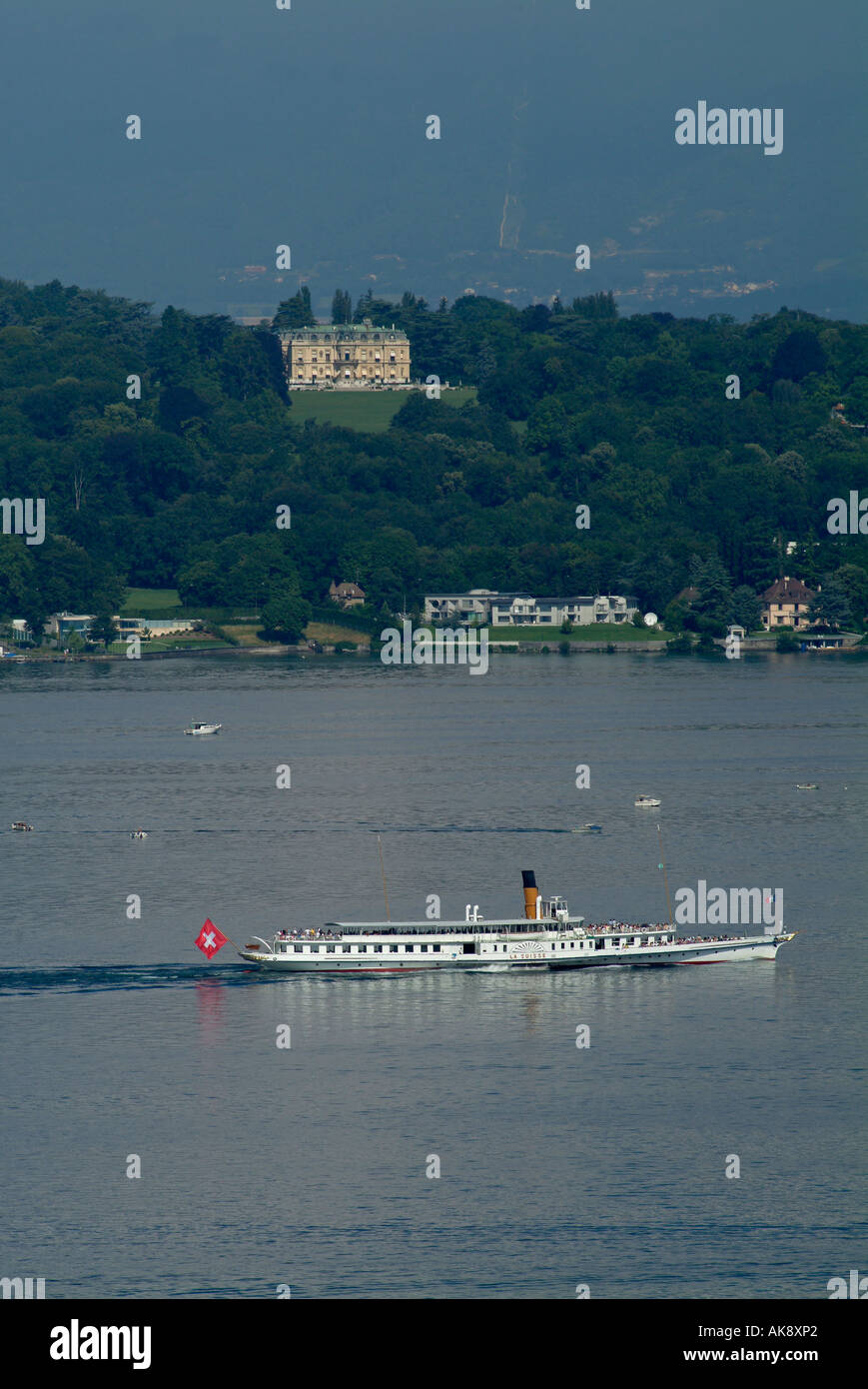 Genf. Den Genfer See. Rothschild-Schloss. Genf. Genfersee. Schloss Rothschild. Geneve. Lac Leman. Château de Rothschild. Stockfoto
