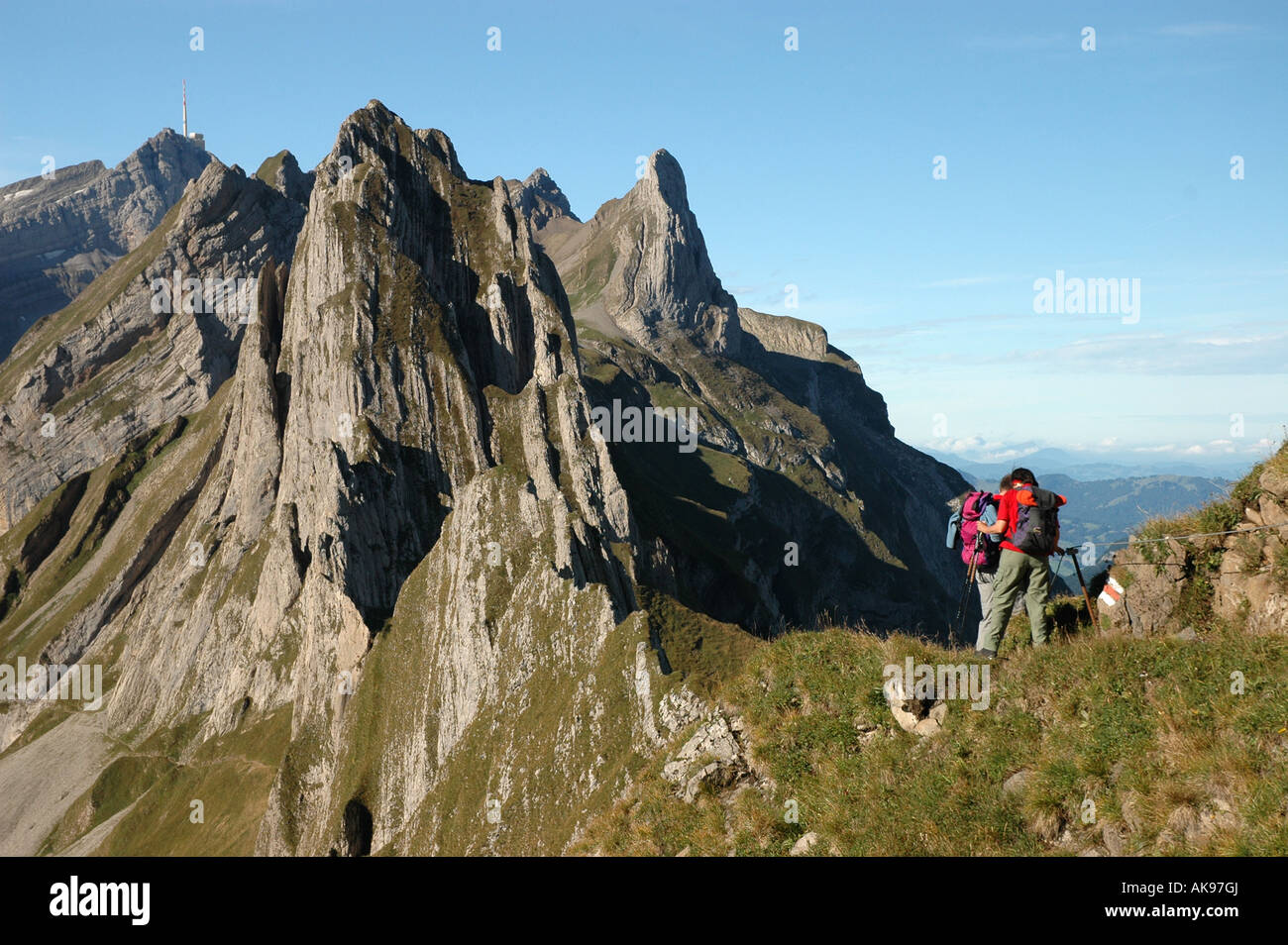 Wanderer auf Berg Säntis Schaefler Kanton Appenzell Schweiz m Stockfoto