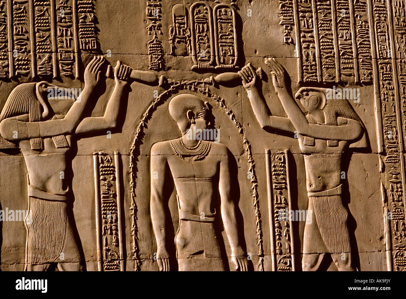 Ägypten. Detail der Kom Ombo Tempel gewidmet Sobek das Krokodil Gott des Nils und Haroeris des großen geflügelten Sonnenscheibe Stockfoto