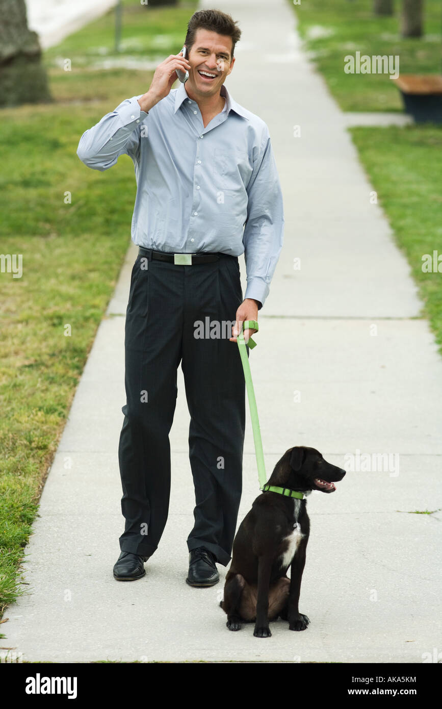 Mann zu Fuß Hund auf Bürgersteig, mit Handy Stockfoto