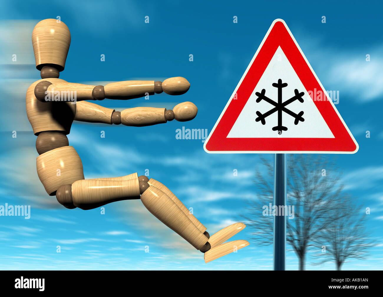 Schild Achtung Schnee Schild Achtung Schnee Stockfoto