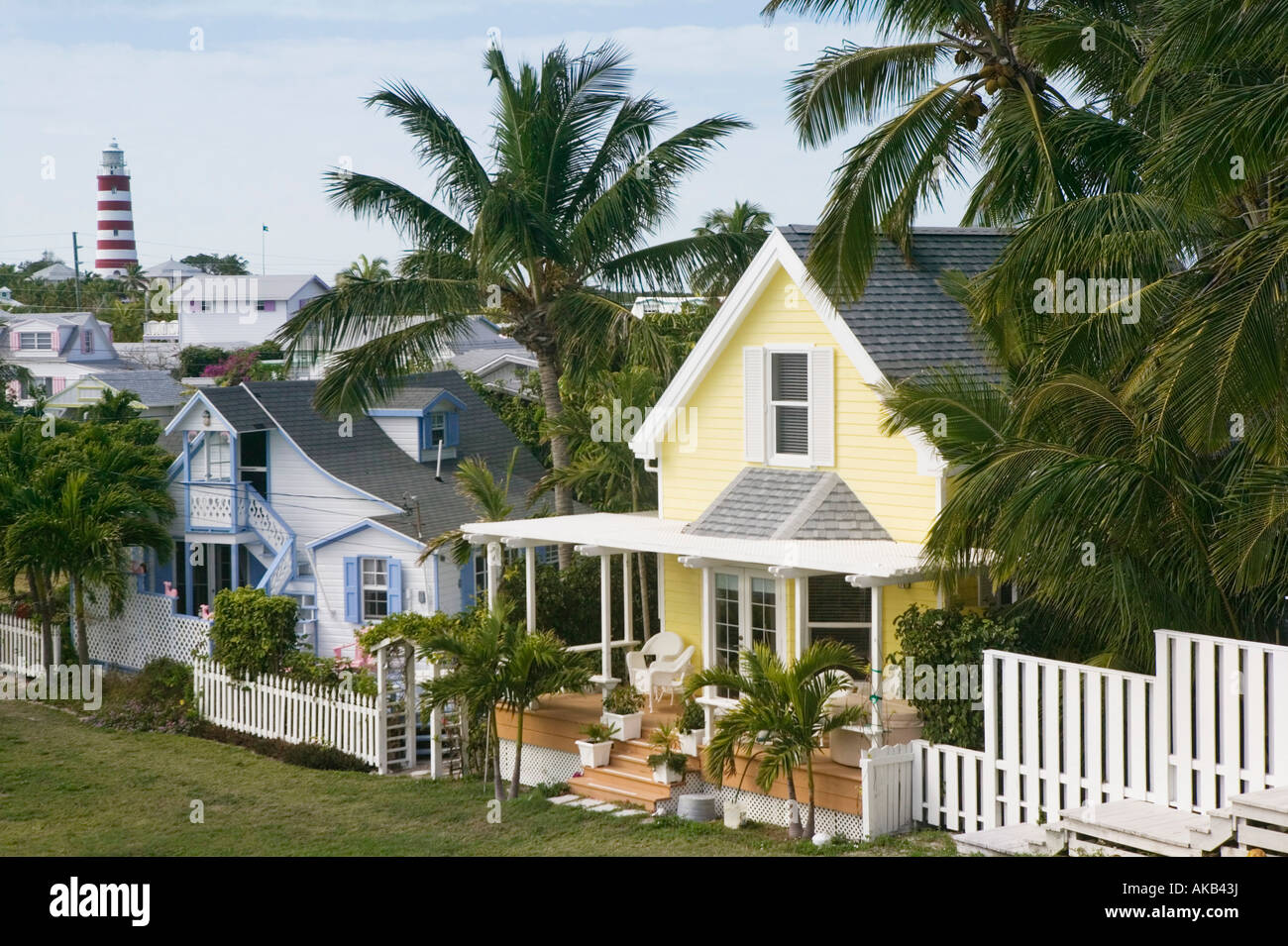 Bahamas, Abacos, Elbow Cay, Hope Town "Loyalist Cays" Strand Häuser Stockfoto