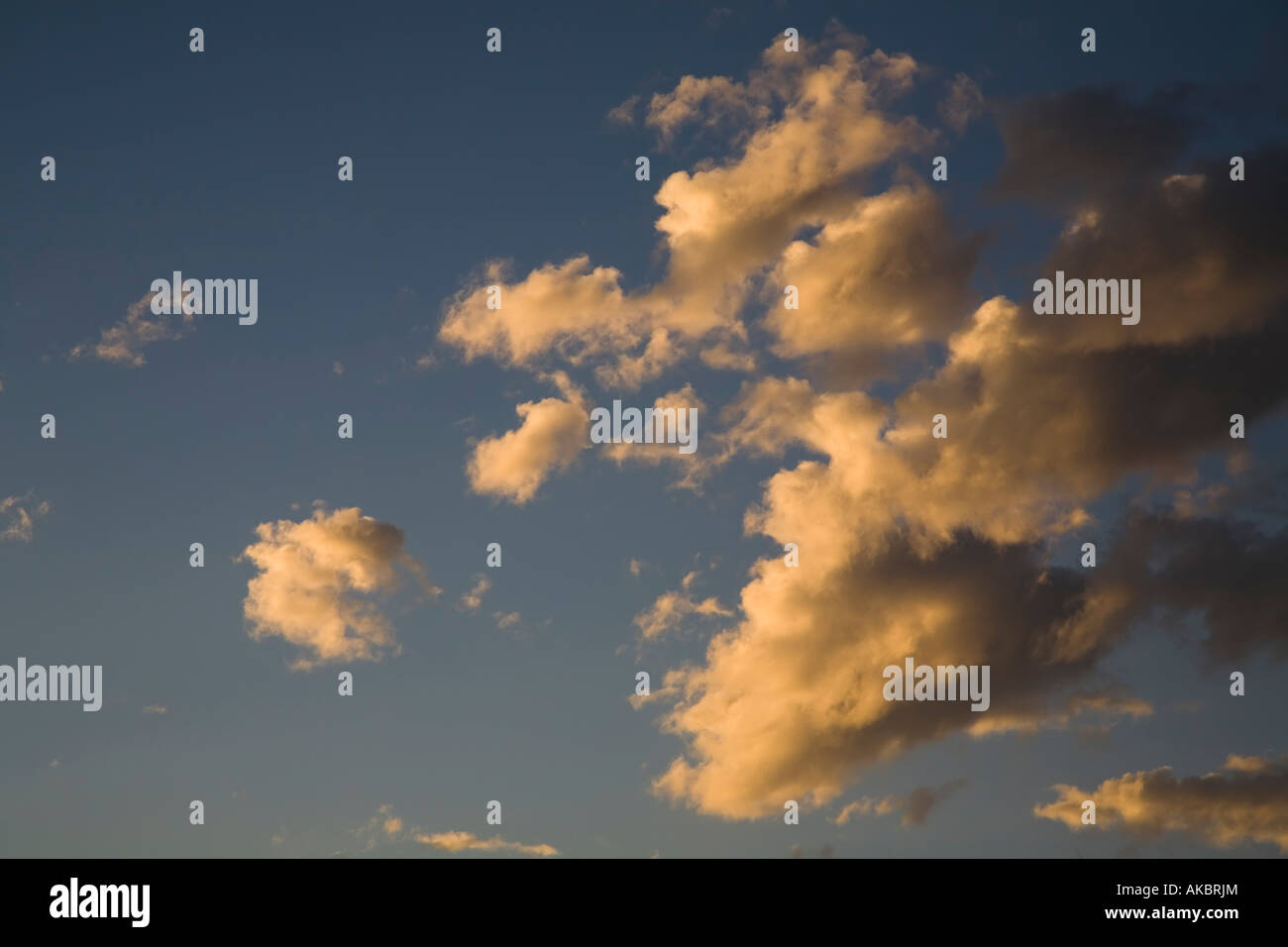 Rosa und dunkle Wolken gegen blauen Himmel in der Abenddämmerung Stockfoto