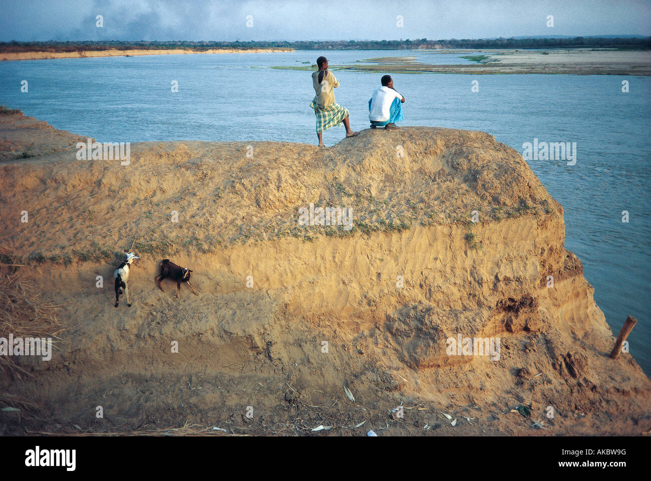 Zwei schwarze afrikanische Männer tragen Kikois auf einer Sandbank mit Blick auf den Rufiji Flusses Tansania zwei Böcke sind auf der Sandbank Stockfoto