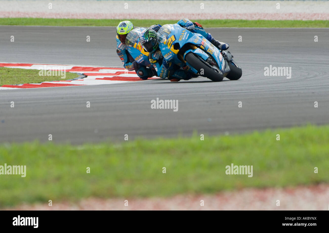 Australische Chris Vermeulen und John Hopkins von Rizla Suzuki in 2007 Polini Malaysian Motorrad Grand Prix Sepang Circuit Malaien Stockfoto