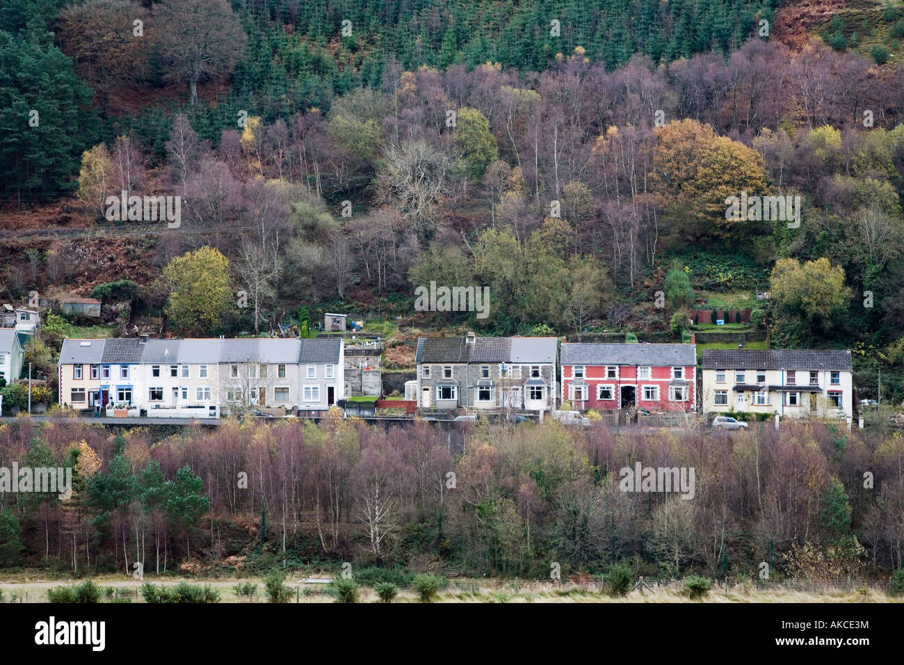 Reihe von Reihen- und Doppelhaus befindet sich im walisischen Tal sechs Glocken Wales UK Stockfoto