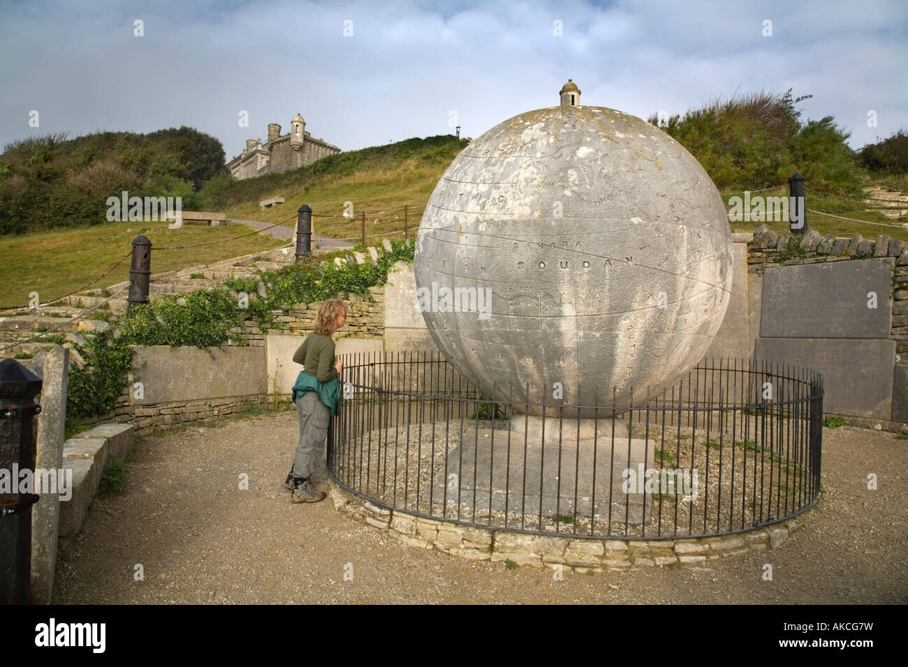 ein Tourist auf der ganzen Durleston Welt, in der Nähe von Swanage Dorset Stockfoto