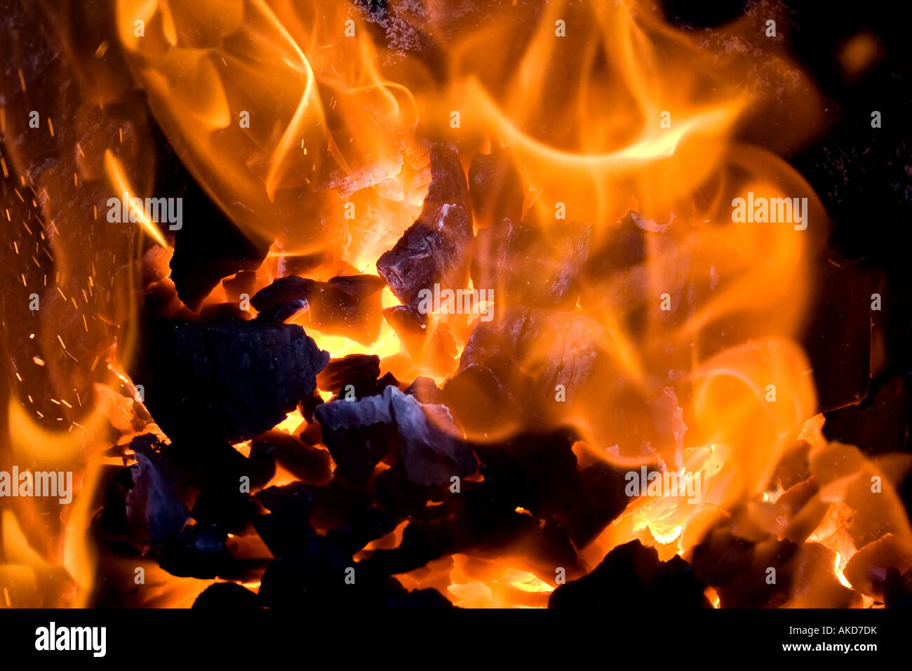 Verbrennung von Kohle mit starken orange Feuer Flammen. Kohleverbrennung Flamme Lagerfeuer Makro Hölle Holzkohle entbrenne schließen Stockfoto