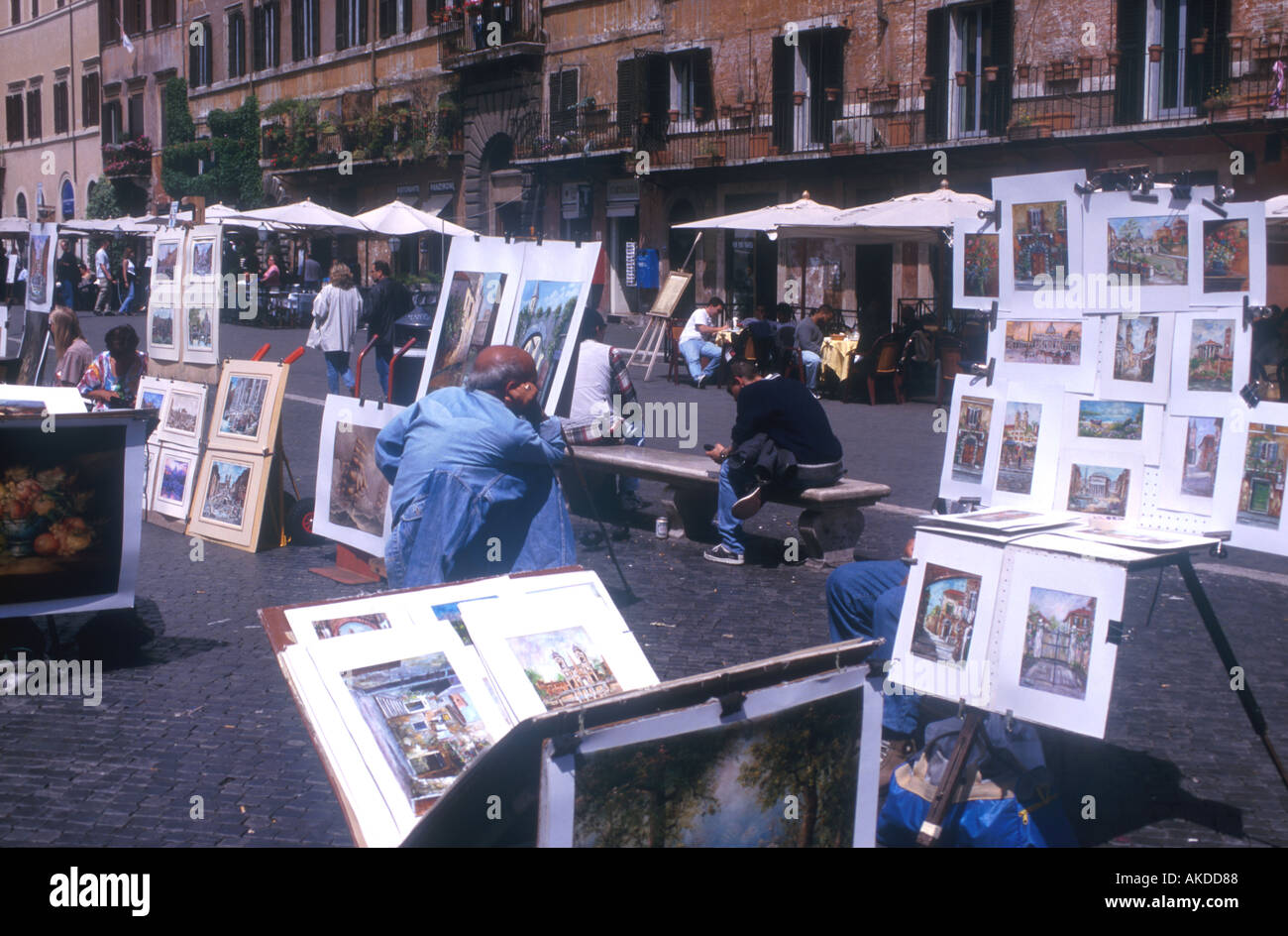 Open-Air-Ausstellung der Gemälde Wasser Farbe Farbe Kunst drucken etc. Piazza Navona Rom Italien Europa Stockfoto