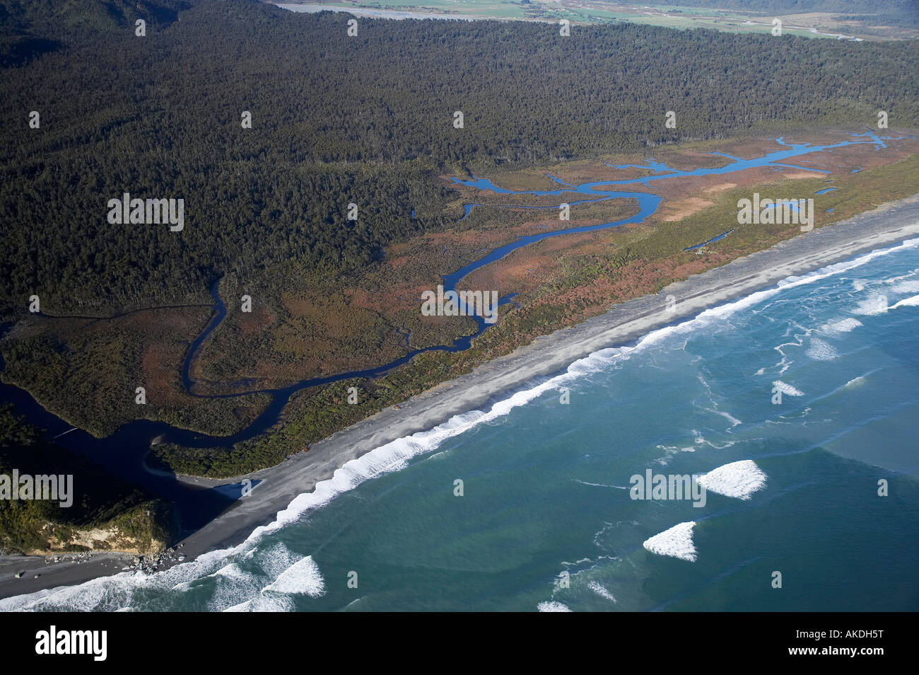 Five Mile Beach und Lagune in der Nähe von Franz Josef Glacier Westküste Südinsel Neuseeland Antenne Stockfoto