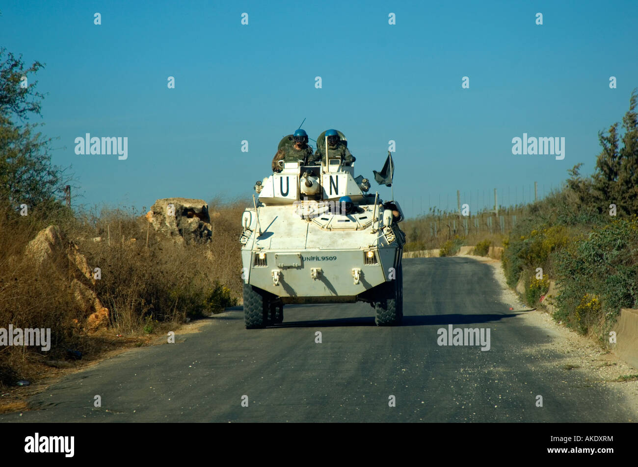 Vereinten Nationen Patrouille in einem gepanzerten Fahrzeug in Süd-Libanon-Nahost Stockfoto