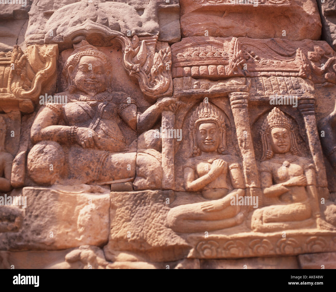 Alte Steinschnitzereien, Terrasse des Leprakönigs, Angkor Thom, Siem Reap, Kambodscha Stockfoto