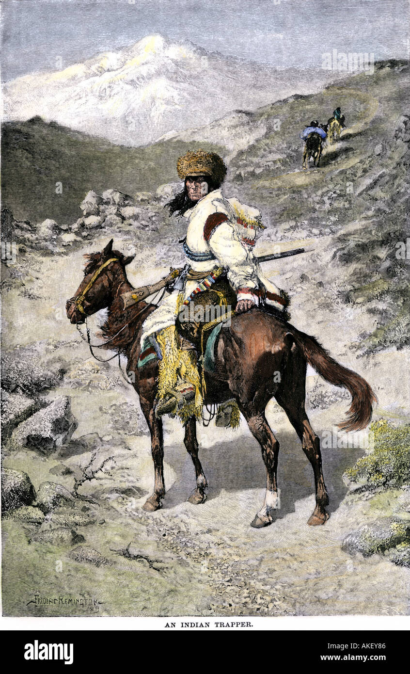 Native American Pelz Trapper zu Pferd in den Rocky Mountains im Nordwesten Stockfoto