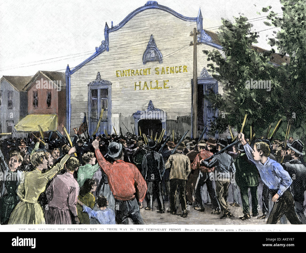 Homestead Randalierer belästigen die Pinkerton Männer bewachen Carnegie Steel Works 1892 Stockfoto
