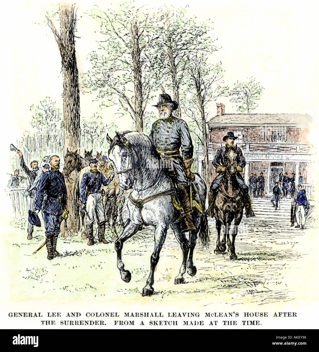 General Robert E Lee und seinem Adjutanten Colonel Marshall McLean Haus zu verlassen, nach der Konföderierten Kapitulation in Appomattox 1865 Stockfoto