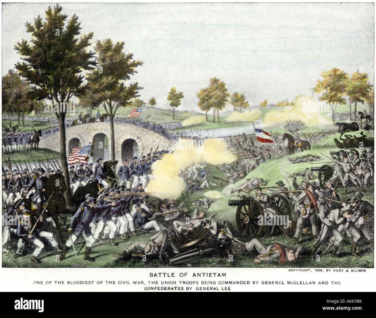 Union Truppen ihren Weg über Burnside Bridge kämpft in der Schlacht von Antietam, US-Bürgerkrieg. Handcolorierte Rasterung von einem Gemälde Stockfoto