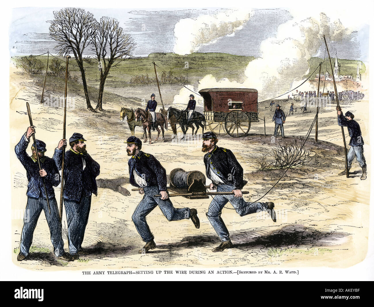 Union Army Signal Corps einrichten Telegraph wire während eines Bürgerkrieges Schlacht 1863. Hand - farbige Holzschnitt Stockfoto