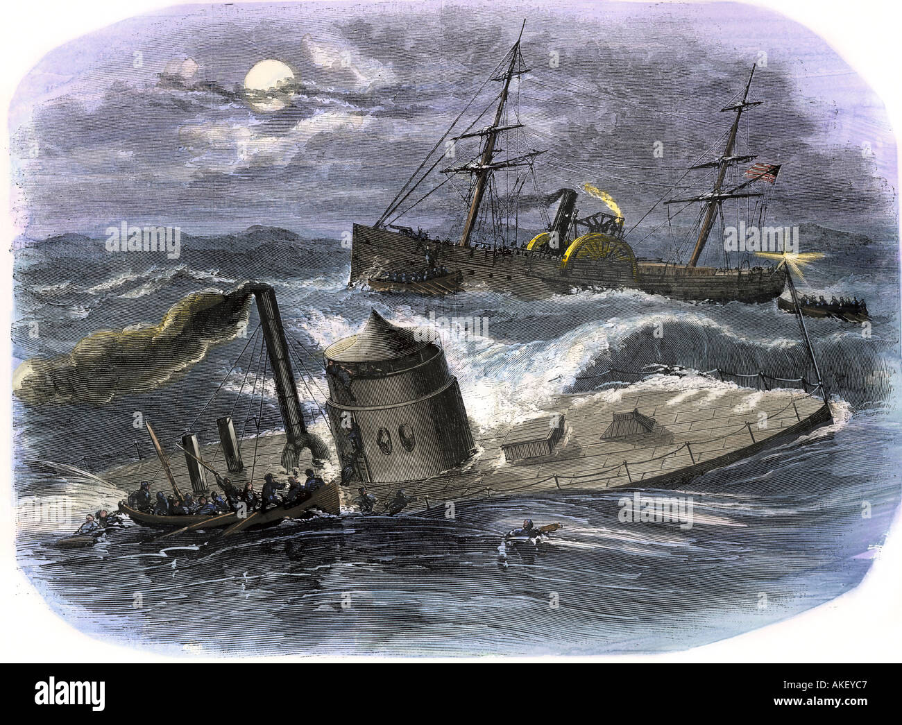 Untergang der Eiserne Kanonenboot Monitor in einem Sturm aus North Carolina in Besatzung 1862 die Flucht in die USS Rhode Island. Hand - farbige Holzschnitt Stockfoto