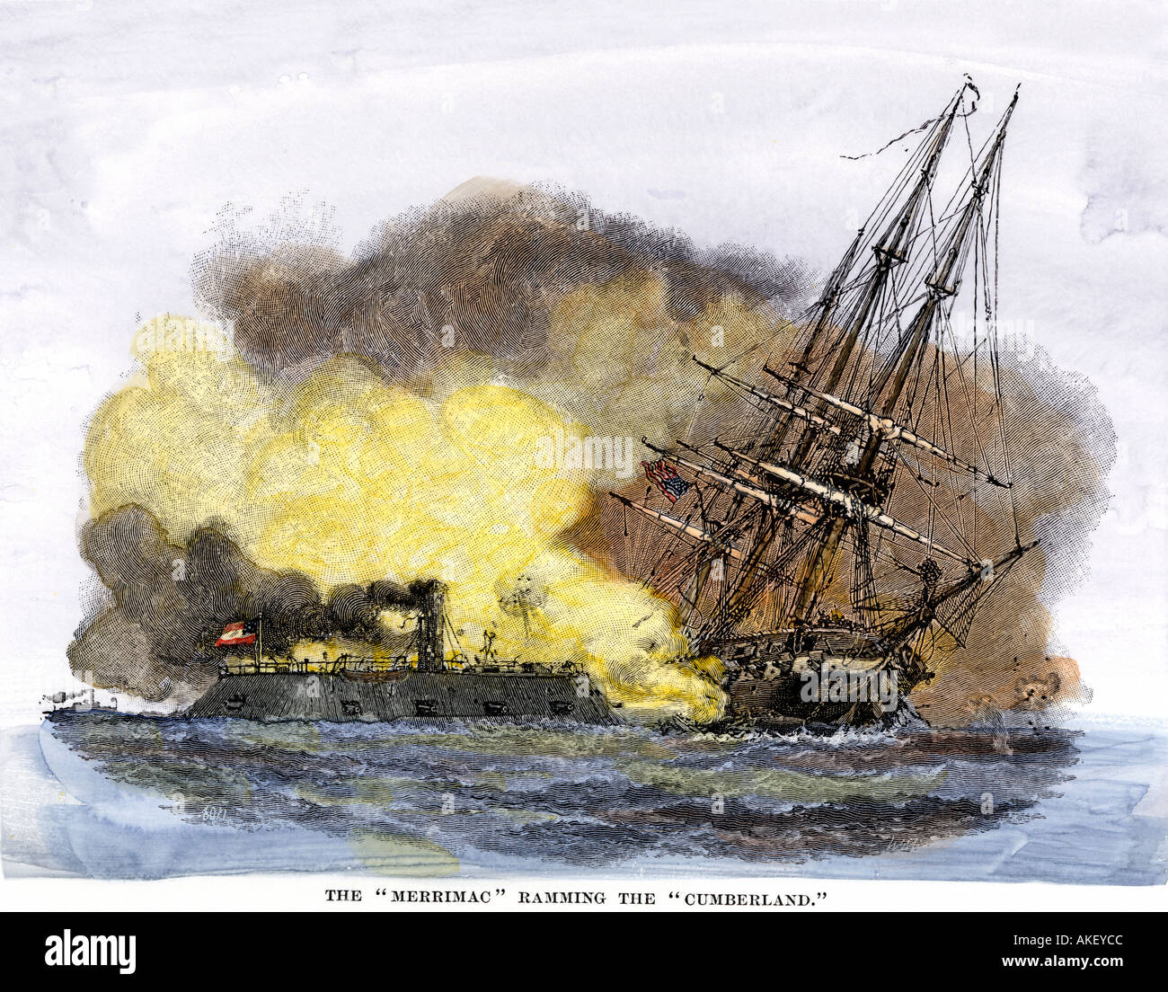 Merrimack ein Verbündeter gepanzerte Schiff rammt die USS Cumberland während des Amerikanischen Bürgerkriegs 1862. Hand - farbige Holzschnitt Stockfoto