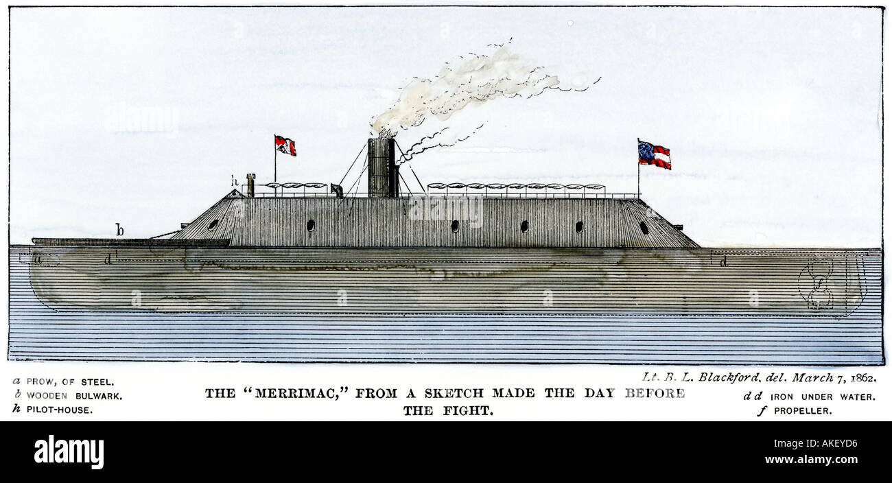 Konföderierten gepanzerte Schiff Merrimack aus einer Skizze gemacht am Tag vor der Schlacht mit Monitor 1862. Hand - farbige Holzschnitt Stockfoto