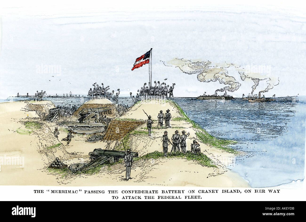 Gepanzerte Schiff Merrimack von Konföderierten Batterie auf craney Insel jubelten en Route der Union Flotte 1862 in Angriff zu nehmen. Hand - farbige Holzschnitt Stockfoto