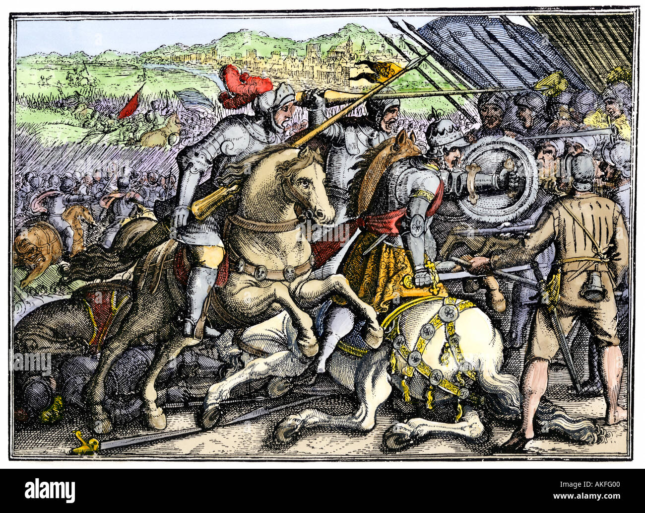 Der französische König Franz I. gefangen genommen in Pavia während des Krieges mit dem Heiligen Römischen Reich 1525. Hand - farbige Holzschnitt Stockfoto