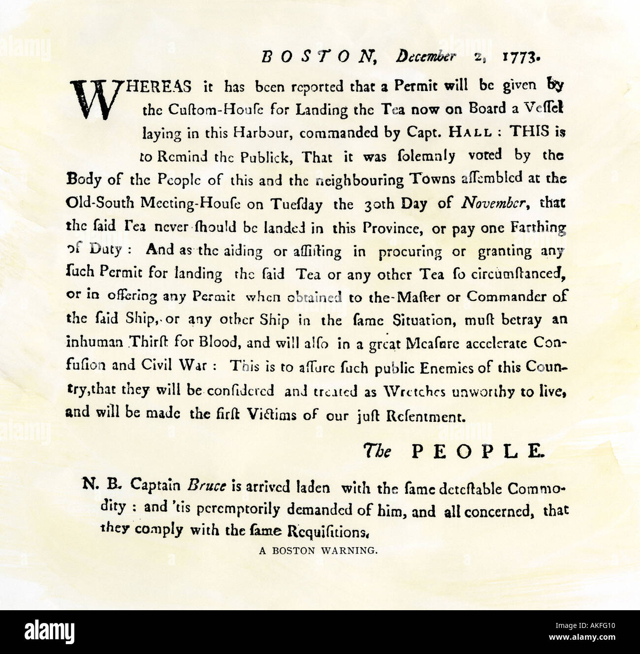 Söhne der Freiheit Flugblatt Warnung Boston Patrioten gegen den Kauf von Tee, bevor die Boston Tea Party Dezember 1773. Holzschnitt mit einem Aquarell waschen Stockfoto