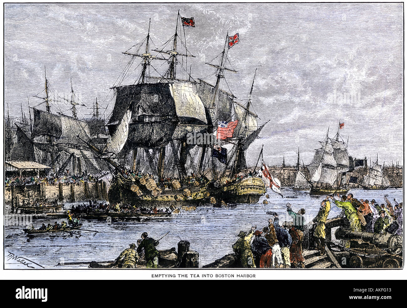 Colonial Demonstranten Entleerung Tee in den Hafen während der Boston Tea Party 1773. Hand - farbige Holzschnitt Stockfoto